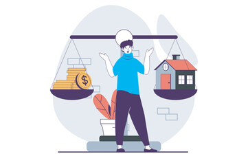 Wall Mural - real estate concept with people scene in flat design for web. man decides to invest savings in buyin