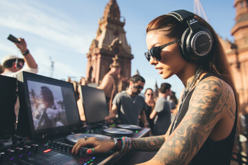 Pretty young woman DJ wearing headphones and playing music at the summer music festival