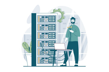 Wall Mural - server maintenance concept with people scene in flat design for web. man working in server rack room