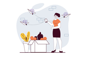Leinwandbilder - Social network concept with people scene in flat design for web. Woman sending emails from app, chatting online and getting feedback. Vector illustration for social media banner, marketing material.