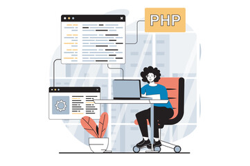 Leinwandbilder - Software development concept with people scene in flat design for web. Man coding and creating programming code for new products. Vector illustration for social media banner, marketing material.