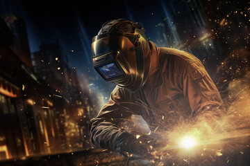 welder is welding metal , industry them bokeh and sparkle background