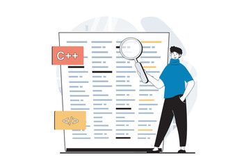 Leinwandbilder - Software development concept with people scene in flat design for web. Man searching and fixing bugs in programming code on screen. Vector illustration for social media banner, marketing material.