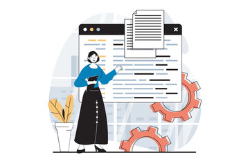 Leinwandbilder - Software development concept with people scene in flat design for web. Woman programming and engineering code, settings page on screen. Vector illustration for social media banner, marketing material.