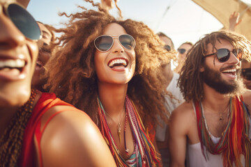 Wall Mural - Group of mix race young people having a party on the luxury yacht