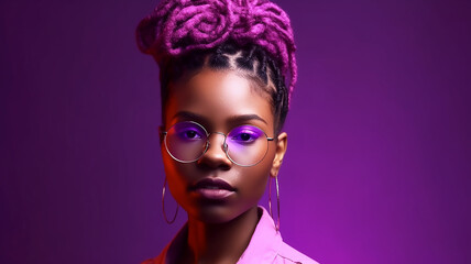 Canvas Print - Fashion young african girl black woman wear stylish pink glasses on party purple studio background, portrait, copy space