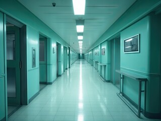  Empty long corridor with many doors, AI generative
