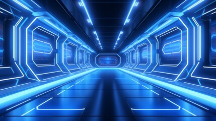 Wall Mural - Blue spaceship interior with neon lights on panel walls. Futuristic modern corridor in space station background. 3d rendering - generative ai