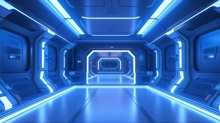 Wall Mural - Blue spaceship interior with neon lights on panel walls. Futuristic modern corridor in space station background. 3d rendering - generative ai