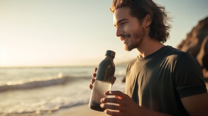 closeup of a young caucasian man emptying a glass reusable water bottle in front of the ocean - generative ai