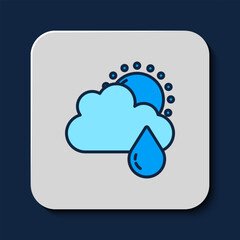 Poster - Filled outline Cloud with rain and sun icon isolated on blue background. Rain cloud precipitation with rain drops. Vector