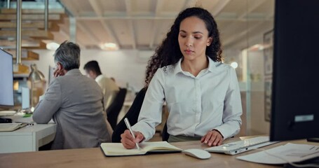 Poster - Writing, planning and business woman on computer for online research, management and news ideas at night. Productivity, notebook and african person, editor or writer on desktop pc with article notes
