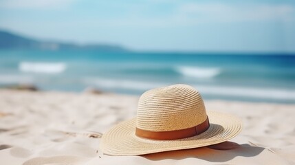 Poster - Nice straw hat laying on the sand. Beautiful ocean beach background. Outdoors. Vacation time. End of summer vacations. Dreaming of holidays by the sea. Traveling - generative ai