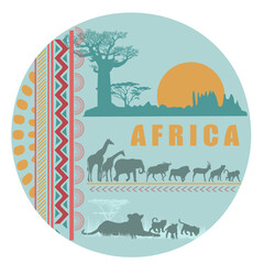 Wall Mural - Round frame wirh african patterns, landscape and animals  silhouettes. Vector illustration