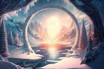 Wall Mural - serene winter scene featuring a snow-covered forest and a frozen lake. generative ai