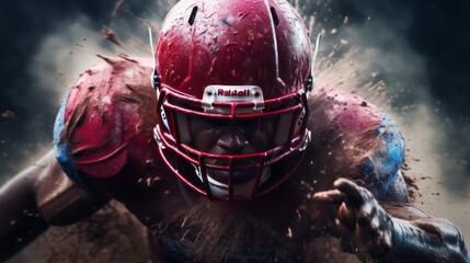 Splashing of powder against american football player standing with rugby helmet - generative ai