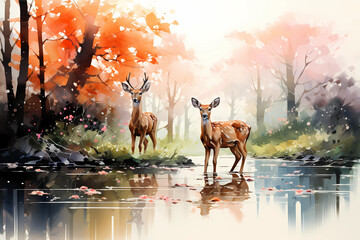 Wall Mural - Two Deers in the woods, generative AI