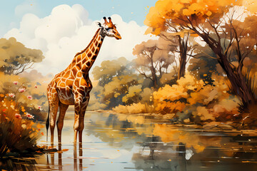 Wall Mural - A tall Giraffe's painting, Generative AI