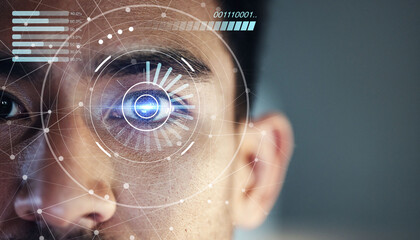 Leinwandbilder - Scan hologram, eyes and face of man of biometric data, cybersecurity and futuristic technology. Holographic portrait, identity software and person with future or digital facial recognition overlay