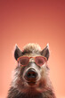 Creative animal concept. Boar in sunglass shade glasses isolated on solid pastel background, commercial, editorial advertisement, surreal surrealism
