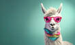 Creative animal concept. Llama in sunglass shade glasses isolated on solid pastel background, commercial, editorial advertisement, surreal surrealism