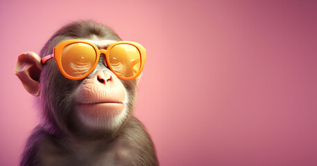 Creative animal concept. Monkey in sunglass shade glasses isolated on solid pastel background, commercial, editorial advertisement, surreal surrealism