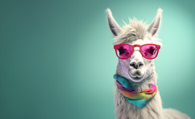 creative animal concept. llama in sunglass shade glasses isolated on solid pastel background, commer