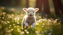 Cute Baby Lamb Frolicking In A Green Pasture Generative AI
