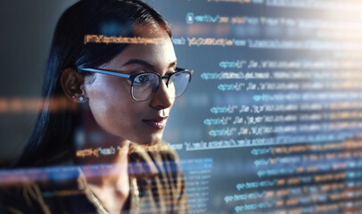 Wall Mural - Software, data hologram and woman with code analytics, information technology and gdpr overlay. Programmer coding or IT person in glasses reading html script, programming and cyber security research