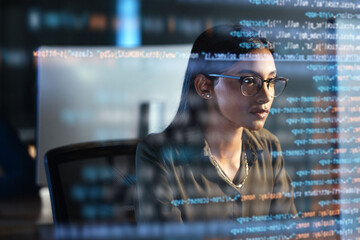 Computer, hologram and woman coding for data analysis, information technology overlay and night html. Programmer or IT person in glasses reading software script, programming or cybersecurity research