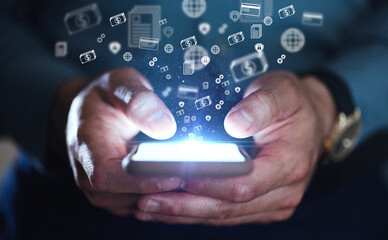 Fototapete - Businessman, hands and phone with money icons at night for stock market, trading or financial freedom at office. Closeup of man on mobile smartphone display in online banking app, investment or media
