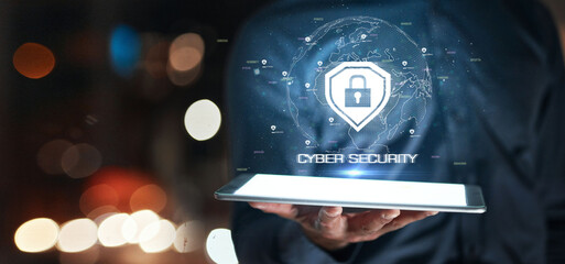 Fototapete - Cyber security, hand and tablet with hologram of safety lock icon for network, information or data. Person with technology for privacy, antivirus or hacking and global access control shield at night