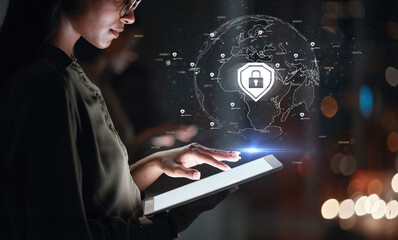 Aufkleber - Tablet, cyber security hologram and woman for global data safety, software development and worldwide coding. Holographic, overlay and business person on digital technology, lock icon and night bokeh