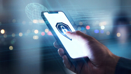 Leinwandbilder - Cyber security, hand and phone with safety lock system for network, information or data. Person with icon on personal smartphone screen for privacy, antivirus or hacking and fraud or access control