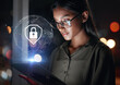 © Malambo C/peopleimages.com - Tablet, global security and woman in hologram for data safety, software password and worldwide database. Cybersecurity, overlay and business person with digital technology, lock icon and night bokeh