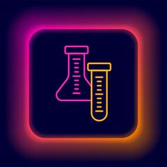 Sticker - Glowing neon line Test tube and flask chemical laboratory test icon isolated on black background. Laboratory glassware sign. Colorful outline concept. Vector