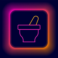 Sticker - Glowing neon line Mortar and pestle icon isolated on black background. Colorful outline concept. Vector