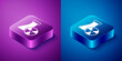 Isometric Laboratory chemical beaker with toxic liquid icon isolated on blue and purple background. Biohazard symbol. Dangerous symbol with radiation icon. Square button. Vector