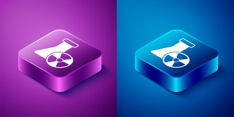 Sticker - Isometric Laboratory chemical beaker with toxic liquid icon isolated on blue and purple background. Biohazard symbol. Dangerous symbol with radiation icon. Square button. Vector