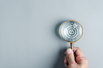 Leinwandbilder - Magnifier glass focus to target objective with business icons. planning development leadership and customer target group concept.
