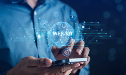 Businessman with Web 3.0 Technology in the digital tech future, businessman using smart phone with 3.0 Technology global network, Blockchain Global Futuristic, website internet development on data.