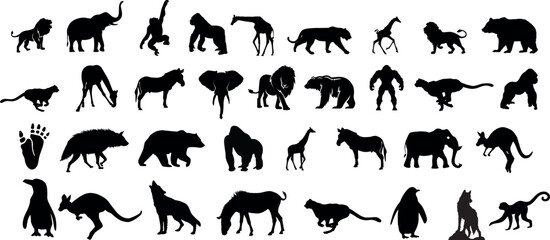 Wall Mural - Animal Silhouette or Logo Collection isolated on white background. Lion, Elephant, Tiger, Giraffe, Cheetah, Bear, Gorilla, Zebra, Kangaroo, Penguin, Wolf. Fully customizable vector illustrations