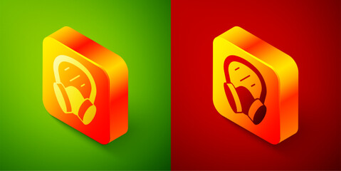 Poster - Isometric Gas mask icon isolated on green and red background. Respirator sign. Square button. Vector