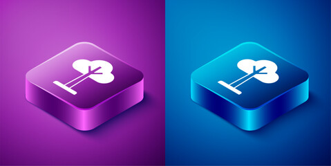 Canvas Print - Isometric Tree icon isolated on blue and purple background. Forest symbol. Square button. Vector