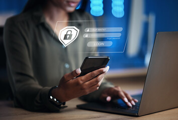 Poster - Woman, phone and security for username, password or encryption on office desk at workplace. Hands of female person with Lock Screen hud for login access, verification or identification on smartphone