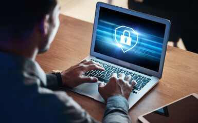 Laptop screen, data protection and man hands for cyber security, software password and coding or system safety. Cybersecurity, lock icon and business person or programmer on computer, login and gdpr