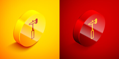 Wall Mural - Isometric Hammer icon isolated on orange and red background. Tool for repair. Circle button. Vector