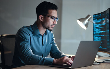 Poster - Laptop, screen and business man for coding, software development and programming script in cybersecurity. Night, computer research and programmer or IT person with html code, system or data analysis