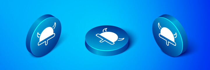 Sticker - Isometric Viking in horned helmet icon isolated on blue background. Blue circle button. Vector