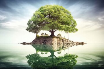 Wall Mural - lone tree standing on a small island amidst calm waters. Generative AI